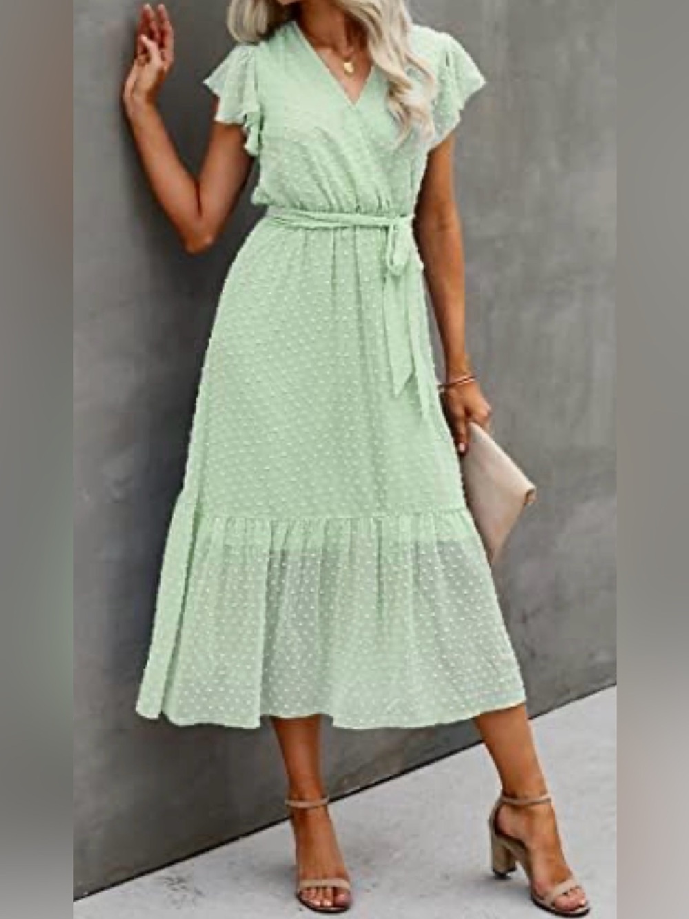 BTFBM Bohemian Swiss Dot V-Neck Ruffle Cap Sash A-Line Hem Midi Sun Dress
